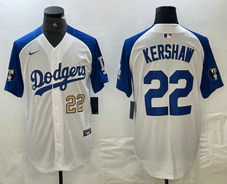 Men's Los Angeles Dodgers #22 Clayton Kershaw Number White Blue Fashion Stitched Cool Base Limited Jersey 11