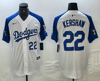 Men's Los Angeles Dodgers #22 Clayton Kershaw Number White Blue Fashion Stitched Cool Base Limited Jersey 12