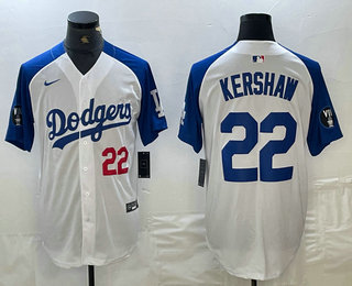 Men's Los Angeles Dodgers #22 Clayton Kershaw Number White Blue Fashion Stitched Cool Base Limited Jersey 13