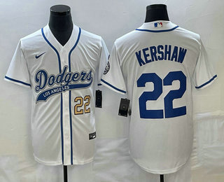 Men's Los Angeles Dodgers #22 Clayton Kershaw Number White Cool Base Stitched Baseball Jersey 01