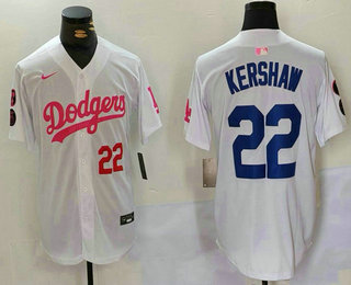 Men's Los Angeles Dodgers #22 Clayton Kershaw Number White Pink With Patch Limited Stitched Jersey