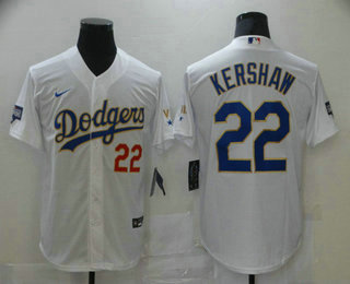 Men's Los Angeles Dodgers #22 Clayton Kershaw Red Number White Gold Championship Stitched MLB Cool Base Nike Jersey