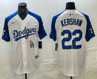 Men's Los Angeles Dodgers #22 Clayton Kershaw White Blue Fashion Stitched Cool Base Limited Jersey 11