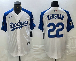 Men's Los Angeles Dodgers #22 Clayton Kershaw White Blue Fashion Stitched Cool Base Limited Jersey 12