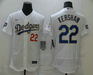 Men's Los Angeles Dodgers #22 Clayton Kershaw White Gold Champions Patch Stitched MLB Flex Base Nike Jersey