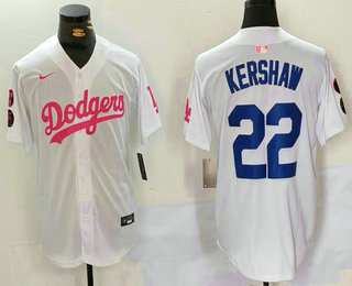 Men's Los Angeles Dodgers #22 Clayton Kershaw White Pink With Patch Limited Stitched Jersey