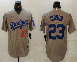 Men's Los Angeles Dodgers #23 Kirk Gibson Number Grey Cool Base Stitched Jersey