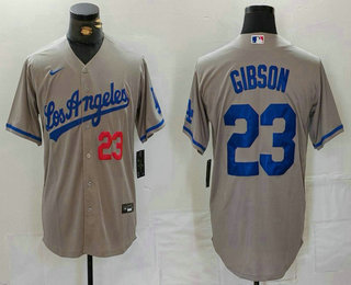 Men's Los Angeles Dodgers #23 Kirk Gibson Number Grey With los Cool Base Stitched Jersey