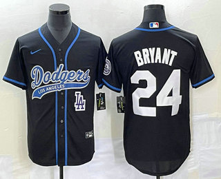 Men's Los Angeles Dodgers #24 Kobe Bryant Black With Patch Cool Base Stitched Baseball Jersey 01