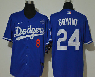 Men's Los Angeles Dodgers #24 Kobe Bryant Blue KB Patch Stitched MLB Cool Base Nike Jersey With front Number 8