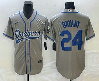 Men's Los Angeles Dodgers #24 Kobe Bryant Grey With Patch Cool Base Stitched Baseball Jersey 01