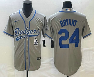 Men's Los Angeles Dodgers #24 Kobe Bryant Grey With Patch Cool Base Stitched Baseball Jersey 02