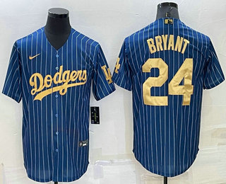 Men's Los Angeles Dodgers #24 Kobe Bryant Navy Blue Gold Pinstripe Stitched MLB Cool Base Nike Jersey