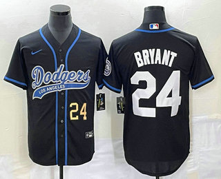 Men's Los Angeles Dodgers #24 Kobe Bryant Number Black With Patch Cool Base Stitched Baseball Jersey 01