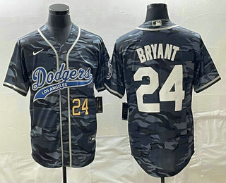 Men's Los Angeles Dodgers #24 Kobe Bryant Number Gray Camo Cool Base With Patch Stitched Baseball Jersey 01