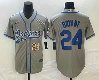 Men's Los Angeles Dodgers #24 Kobe Bryant Number Grey With Patch Cool Base Stitched Baseball Jersey 01