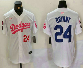 Men's Los Angeles Dodgers #24 Kobe Bryant Number White Pink With Patch Limited Stitched Jersey