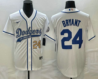 Men's Los Angeles Dodgers #24 Kobe Bryant Number White With Patch Cool Base Stitched Baseball Jersey 01