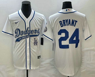 Men's Los Angeles Dodgers #24 Kobe Bryant White With Patch Cool Base Stitched Baseball Jersey 01