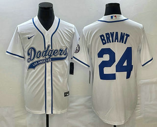 Men's Los Angeles Dodgers #24 Kobe Bryant White With Patch Cool Base Stitched Baseball Jersey 02