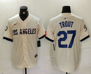 Men's Los Angeles Dodgers #27 Mike Trout Cream 2024 City Connect Limited Stitched Jersey