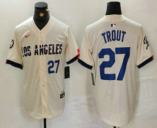 Men's Los Angeles Dodgers #27 Mike Trout Number Cream 2024 City Connect Limited Stitched Jersey