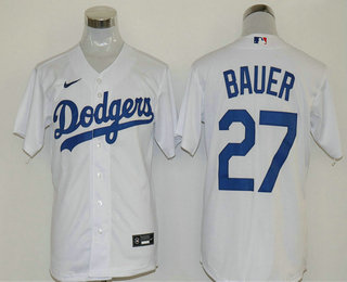 Men's Los Angeles Dodgers #27 Trevor Bauer White Stitched MLB Cool Base Nike Jersey