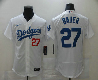 Men's Los Angeles Dodgers #27 Trevor Bauer White Stitched MLB Flex Base Nike Jersey