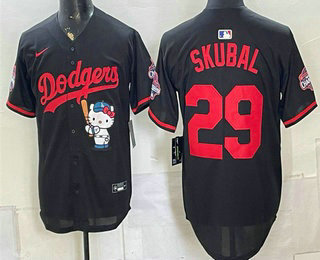 Men's Los Angeles Dodgers #29 Tarik Skubal Black Hello Kitty Night 2025 World Series Champions Patch Stitched Jersey