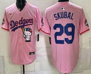 Men's Los Angeles Dodgers #29 Tarik Skubal Pink Hello Kitty Night 2025 World Series Champions Patch Stitched Jersey