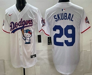 Men's Los Angeles Dodgers #29 Tarik Skubal White Hello Kitty Night 2025 World Series Champions Patch Stitched Jersey