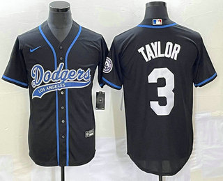 Men's Los Angeles Dodgers #3 Chris Taylor Black With Patch Cool Base Stitched Baseball Jersey 01