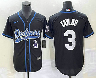 Men's Los Angeles Dodgers #3 Chris Taylor Black With Patch Cool Base Stitched Baseball Jersey 02