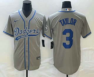 Men's Los Angeles Dodgers #3 Chris Taylor Grey With Patch Cool Base Stitched Baseball Jersey 01