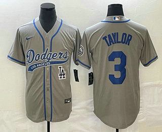 Men's Los Angeles Dodgers #3 Chris Taylor Grey With Patch Cool Base Stitched Baseball Jersey 02