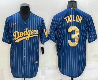 Men's Los Angeles Dodgers #3 Chris Taylor Navy Blue Gold Pinstripe Stitched MLB Cool Base Nike Jersey