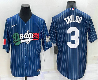 Men's Los Angeles Dodgers #3 Chris Taylor Navy Blue Pinstripe 2020 World Series Cool Base Nike Jersey