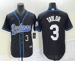 Men's Los Angeles Dodgers #3 Chris Taylor Number Black With Patch Cool Base Stitched Baseball Jersey 01