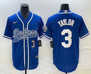 Men's Los Angeles Dodgers #3 Chris Taylor Number Blue Cool Base Stitched Baseball Jersey