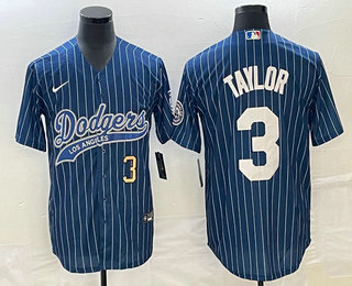 Men's Los Angeles Dodgers #3 Chris Taylor Number Blue Pinstripe Cool Base Stitched Baseball Jersey