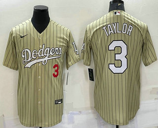 Men's Los Angeles Dodgers #3 Chris Taylor Number Cream Pinstripe Stitched MLB Cool Base Nike Jersey