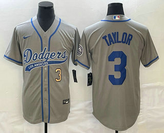 Men's Los Angeles Dodgers #3 Chris Taylor Number Grey With Patch Cool Base Stitched Baseball Jersey 01