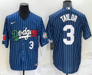 Men's Los Angeles Dodgers #3 Chris Taylor Number Navy Blue Pinstripe 2020 World Series Cool Base Nike Jersey 01