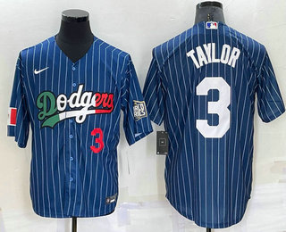 Men's Los Angeles Dodgers #3 Chris Taylor Number Navy Blue Pinstripe 2020 World Series Cool Base Nike Jersey