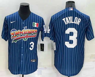 Men's Los Angeles Dodgers #3 Chris Taylor Number Rainbow Blue Red Pinstripe Mexico Cool Base Nike Jersey 01