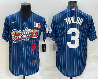 Men's Los Angeles Dodgers #3 Chris Taylor Number Rainbow Blue Red Pinstripe Mexico Cool Base Nike Jersey