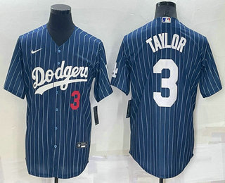 Men's Los Angeles Dodgers #3 Chris Taylor Number Red Navy Blue Pinstripe Stitched MLB Cool Base Nike Jersey