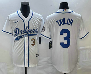 Men's Los Angeles Dodgers #3 Chris Taylor Number White With Patch Cool Base Stitched Baseball Jersey 01