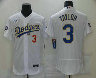 Men's Los Angeles Dodgers #3 Chris Taylor White Gold Champions Patch Stitched MLB Flex Base Nike Jersey