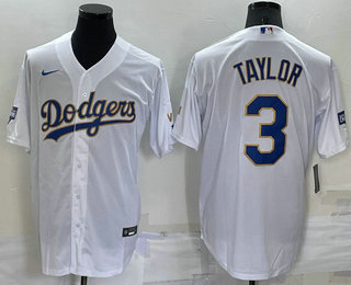 Men's Los Angeles Dodgers #3 Chris Taylor White Gold Championship Stitched MLB Cool Base Nike Jersey